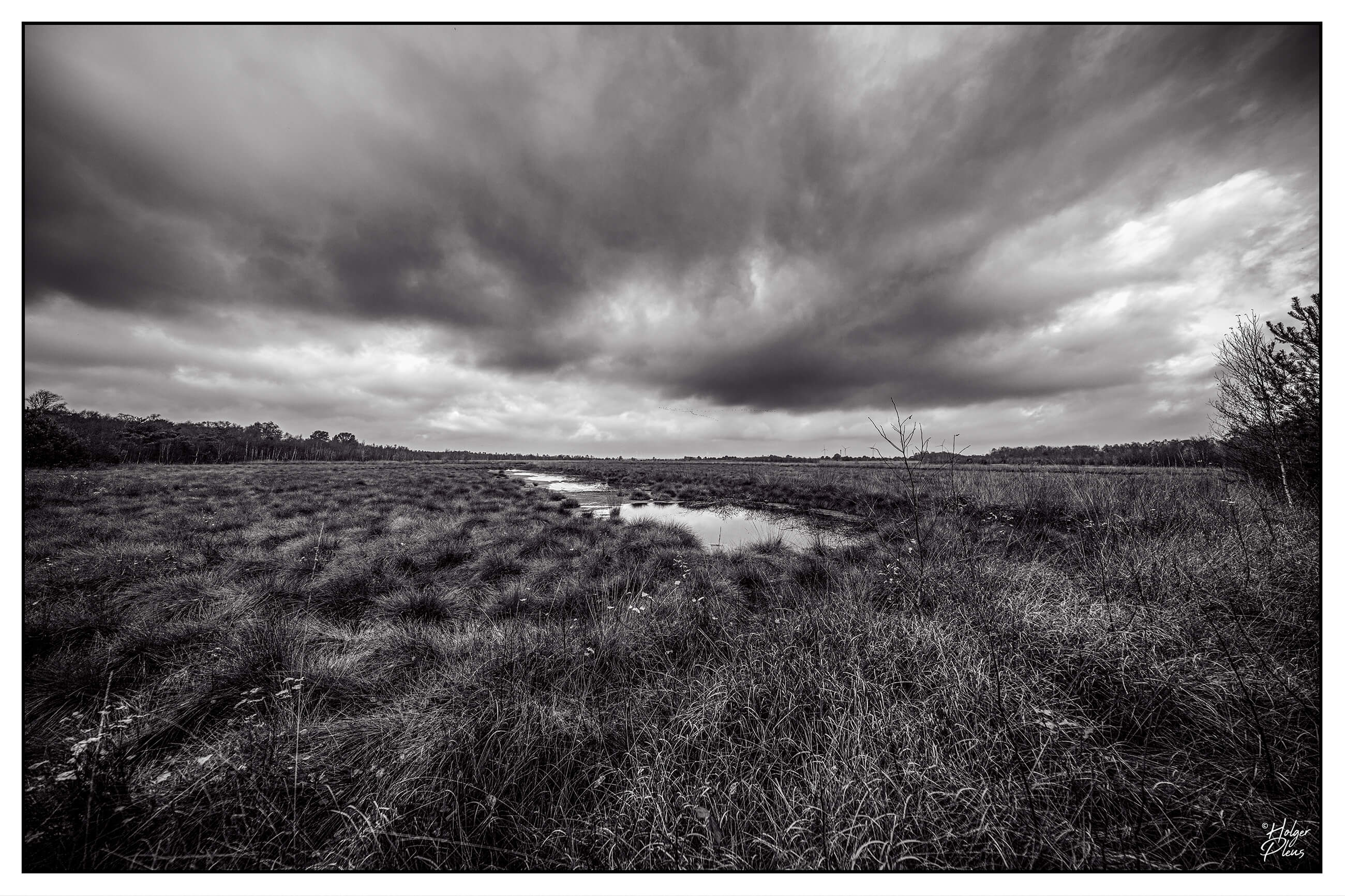 Moorlandschaft mit regenschwerem Himmel, Schwarzweiß-Fotografie